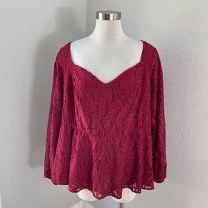Torrid Womens Plus 3X Red Lace Long Sleeve Blouse Sweetheart Neckline Shirt Top